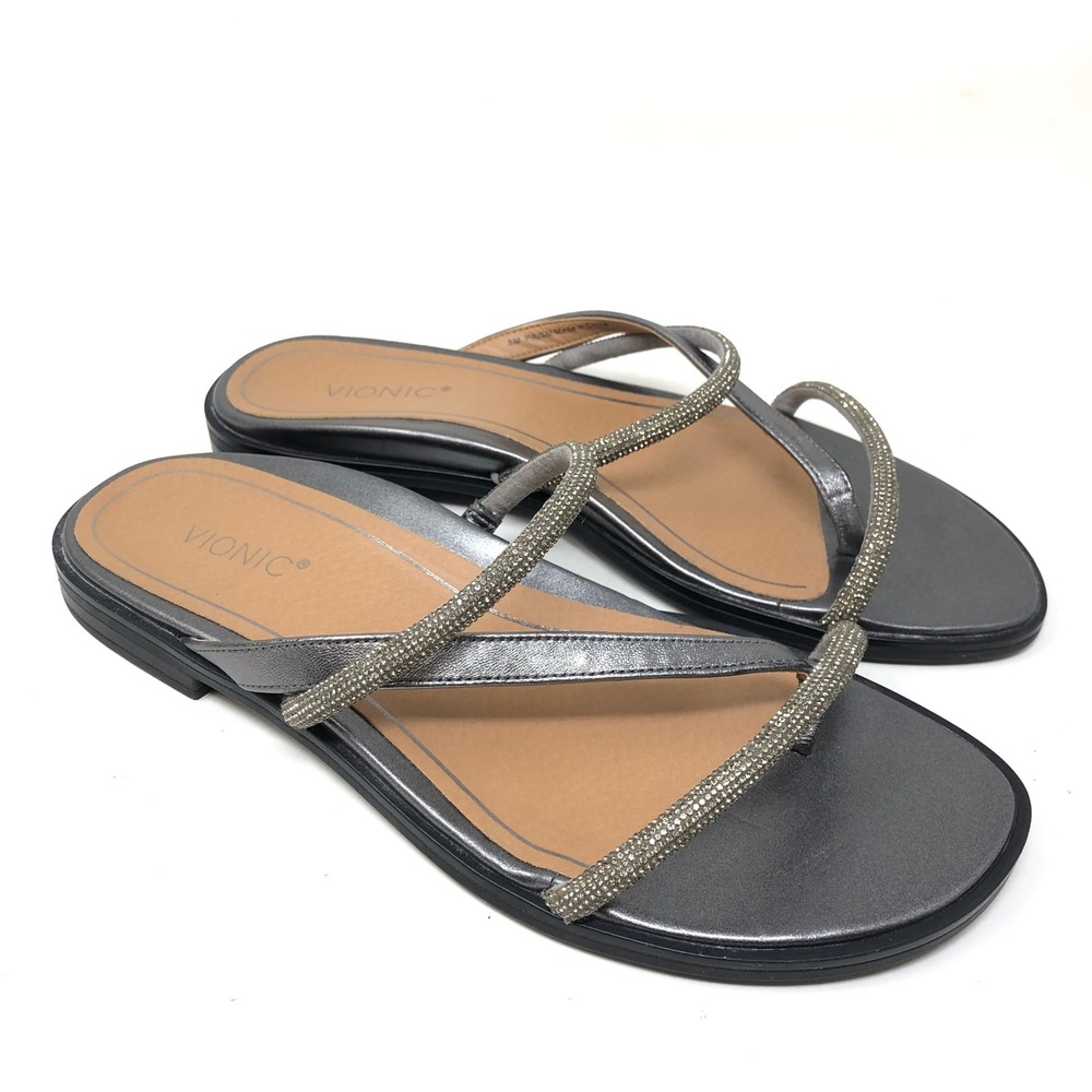 Vionic Womens 8 Prism Sandals Pewter Rhinestone Strappy Walking Slide Flats